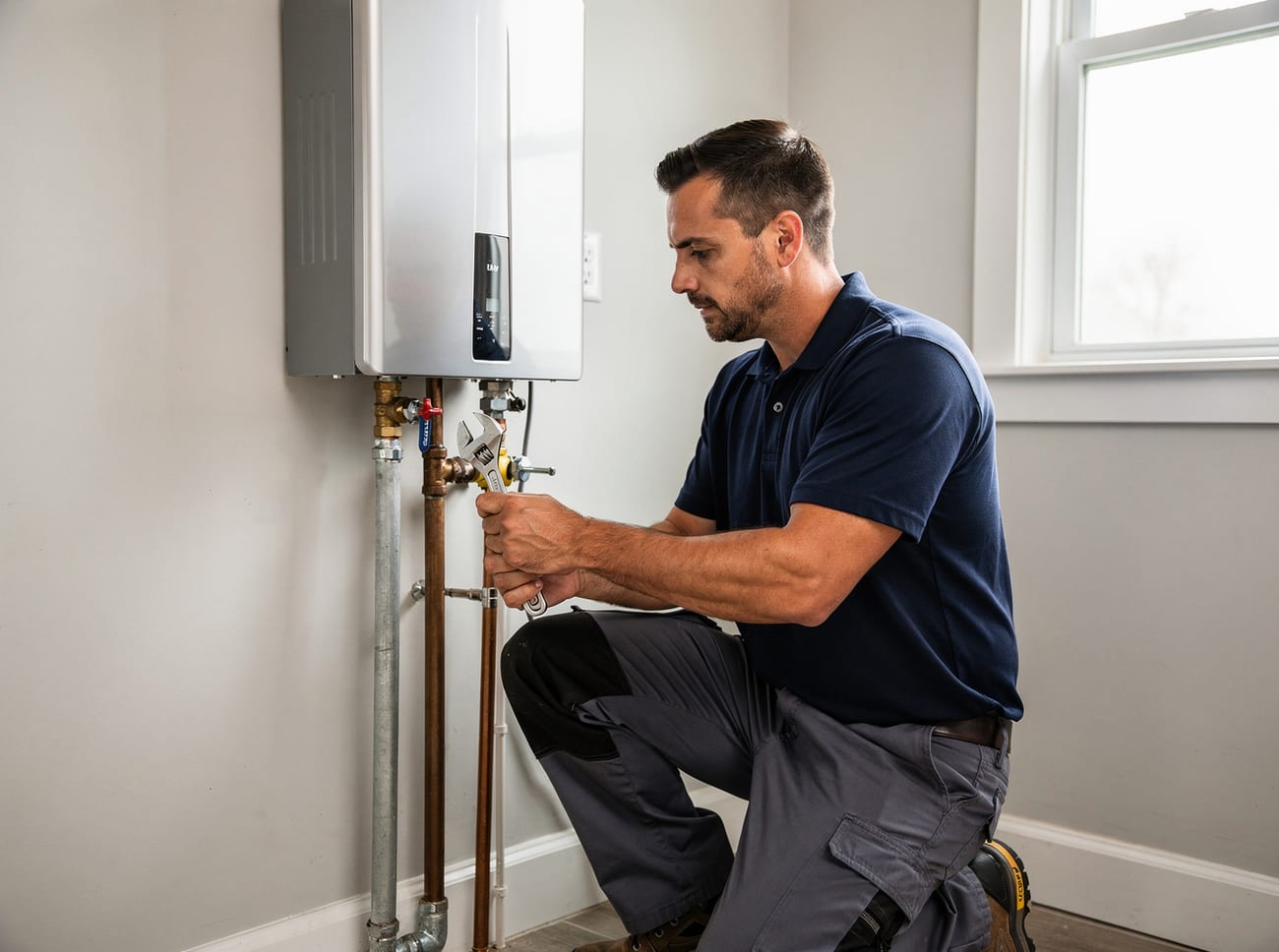 A plumber from Halloran & Sons Plumbing on the job